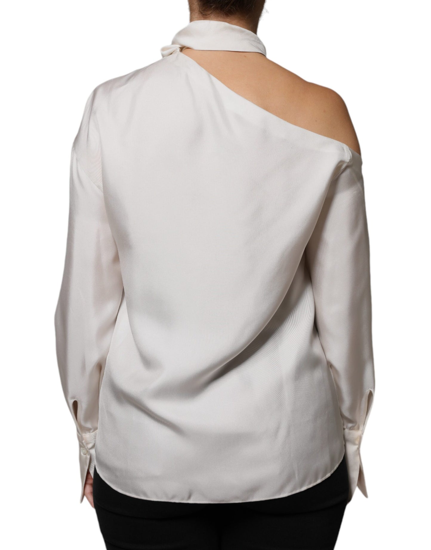 Brunello Cucinelli Beige Silk Ascot Collared Long Sleeves Top by Brunello Cucinelli