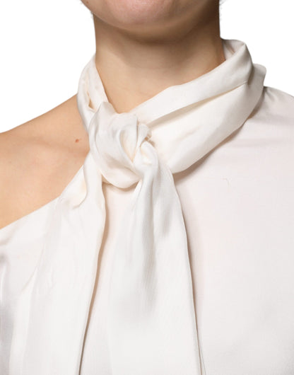 Brunello Cucinelli Beige Silk Ascot Collared Long Sleeves Top by Brunello Cucinelli