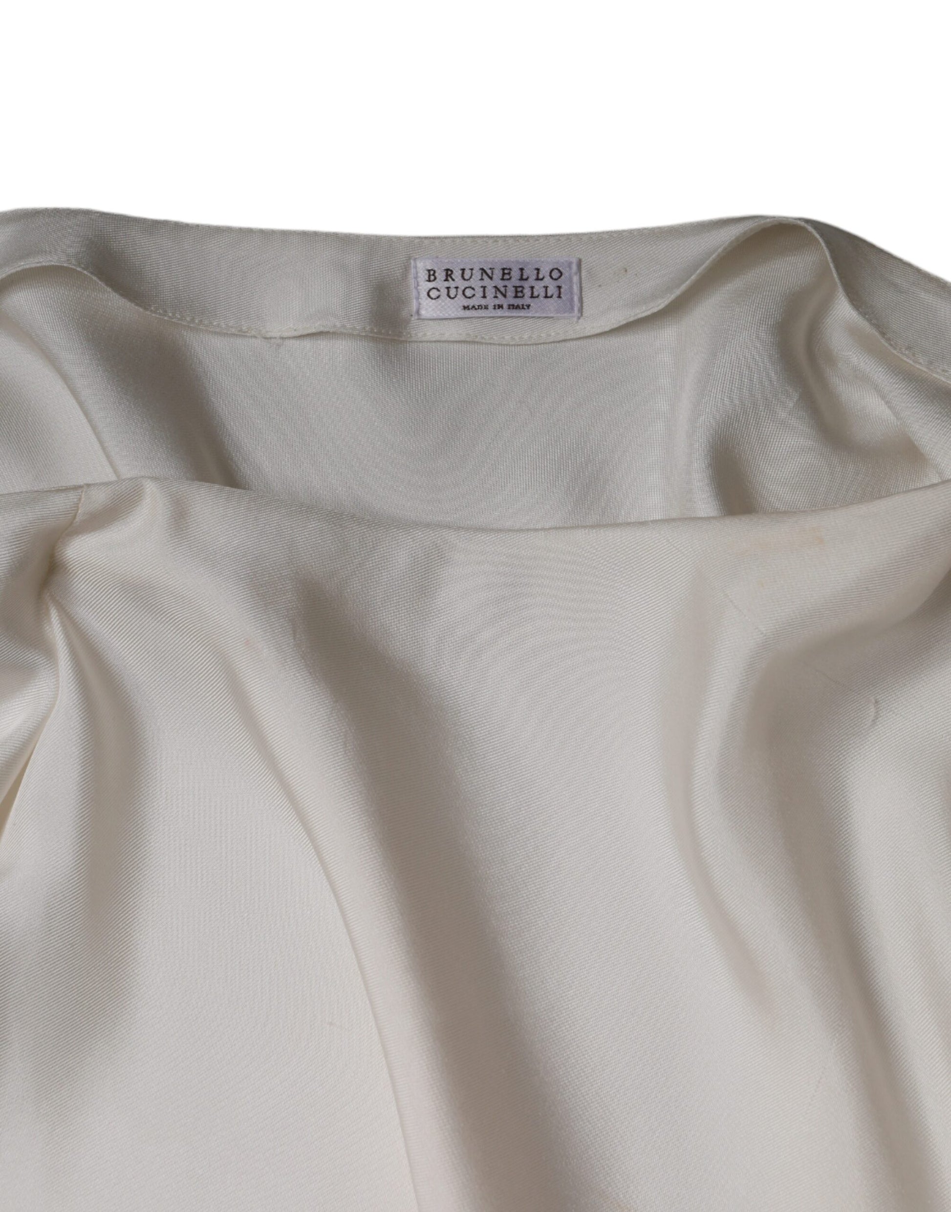Brunello Cucinelli Beige Silk Ascot Collared Long Sleeves Top by Brunello Cucinelli
