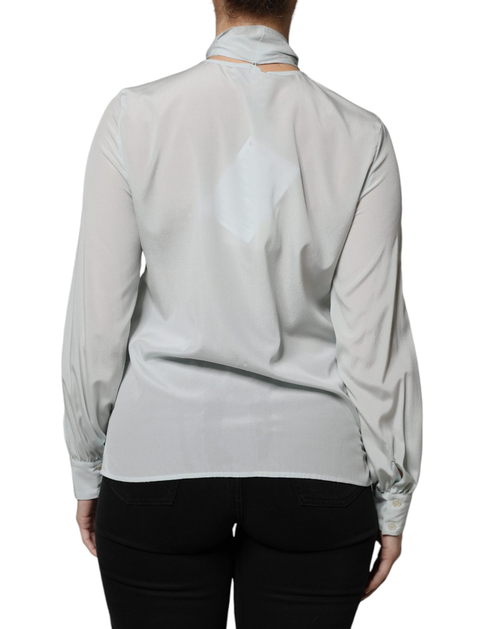 Ballantyne Light Blue Silk Ascot Collared Long Sleeves Top by Ballantyne