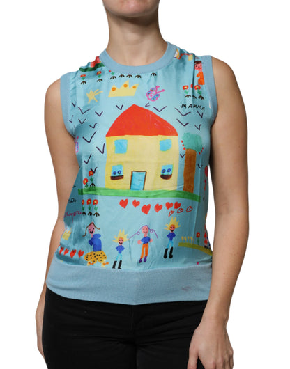 Dolce & Gabbana Blue Drawing Cashmere Sleeveless Tank Top by Dolce & Gabbana