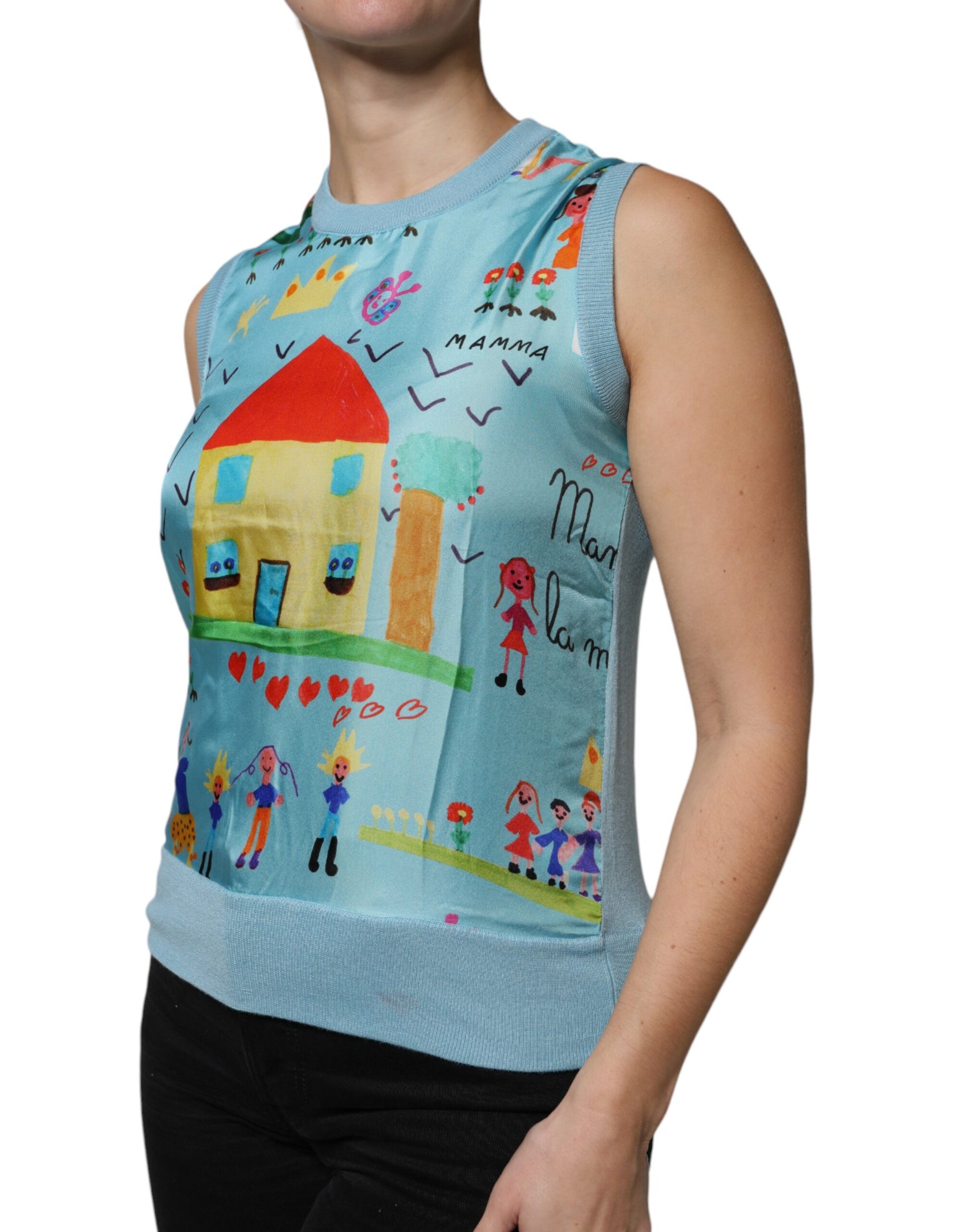 Dolce & Gabbana Blue Drawing Cashmere Sleeveless Tank Top by Dolce & Gabbana