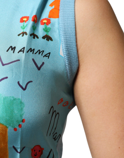 Dolce & Gabbana Blue Drawing Cashmere Sleeveless Tank Top by Dolce & Gabbana