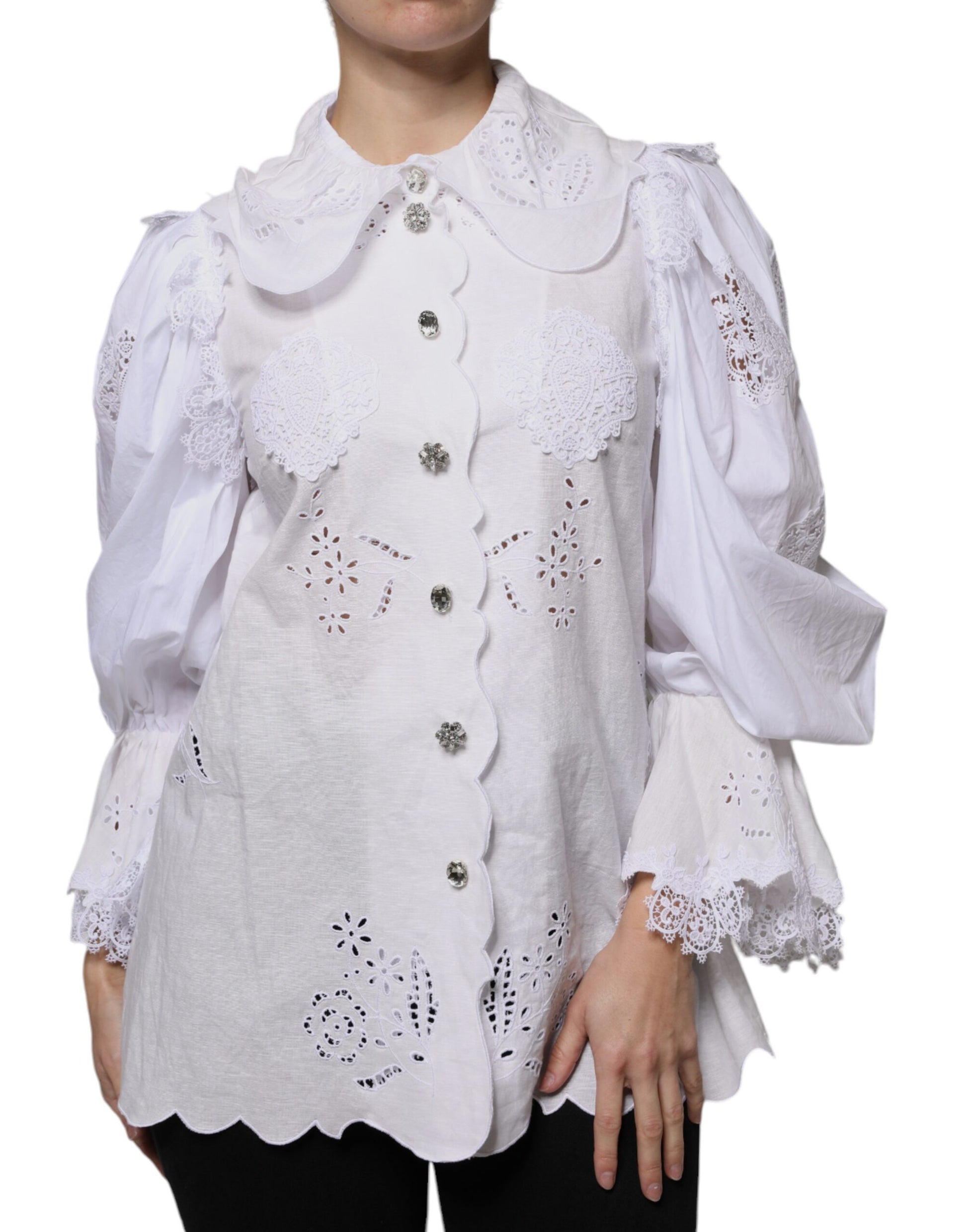 Dolce & Gabbana White Cotton Lace Trim Collared Blouse Top by Dolce & Gabbana