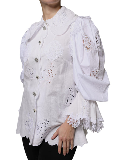 Dolce & Gabbana White Cotton Lace Trim Collared Blouse Top by Dolce & Gabbana