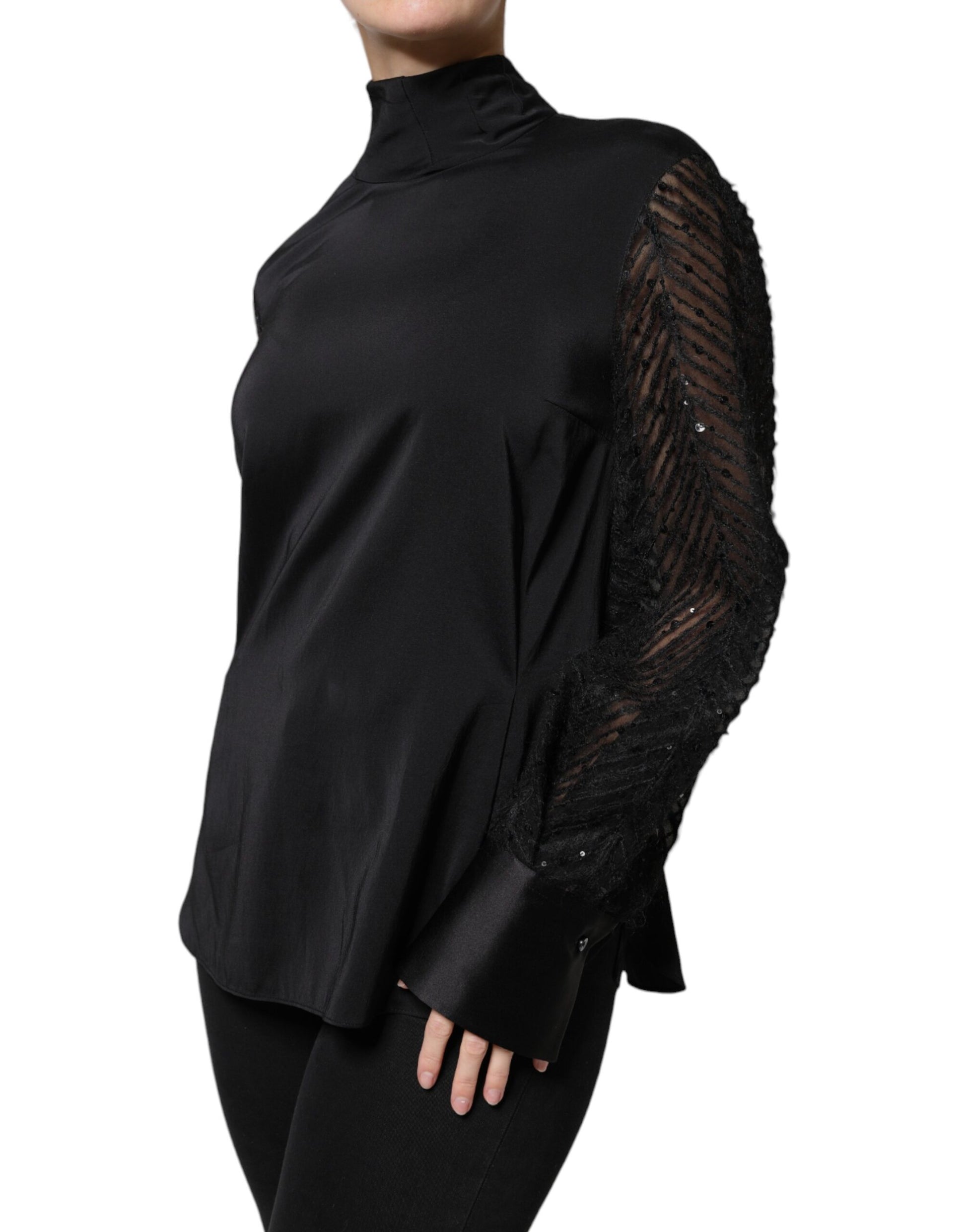 Brunello Cucinelli Black Silk Blend Long Sleeves Blouse Top by Brunello Cucinelli
