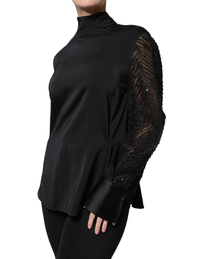 Brunello Cucinelli Black Silk Blend Long Sleeves Blouse Top by Brunello Cucinelli