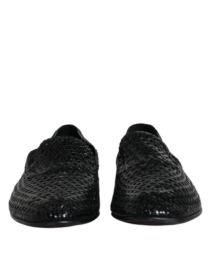 Dolce &amp; Gabbana Black Woven Leather Slip On Loafers Shoes
