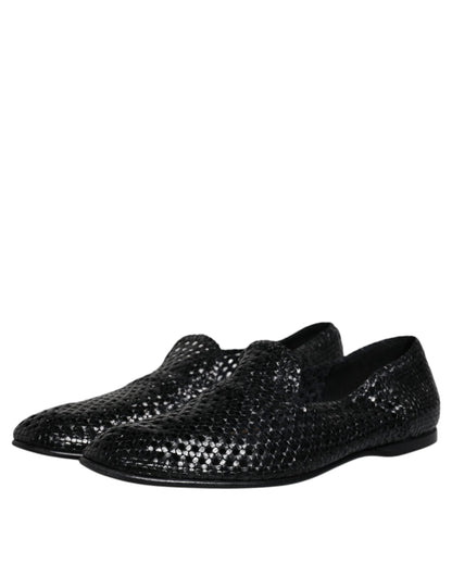 Dolce &amp; Gabbana Black Woven Leather Slip On Loafers Shoes