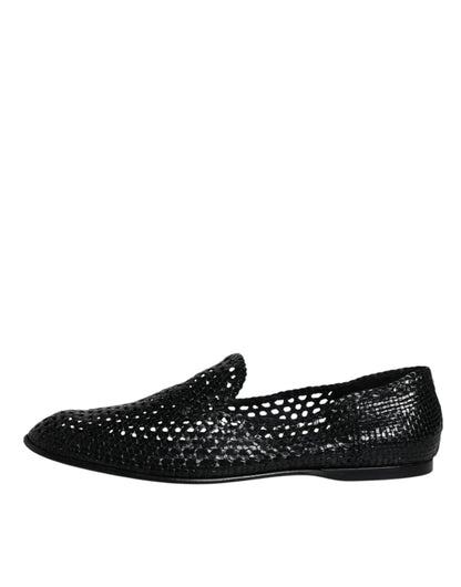Dolce &amp; Gabbana Black Woven Leather Slip On Loafers Shoes