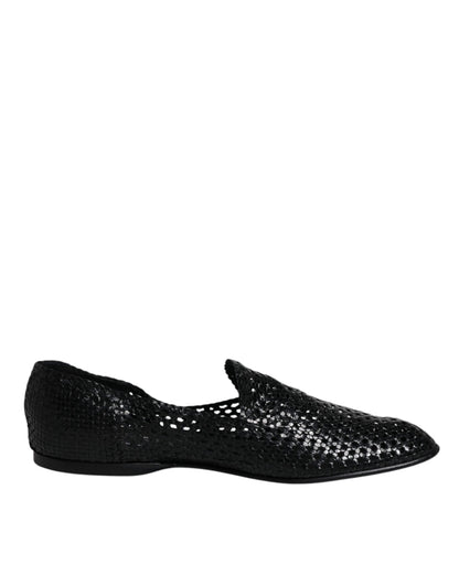 Dolce &amp; Gabbana Black Woven Leather Slip On Loafers Shoes