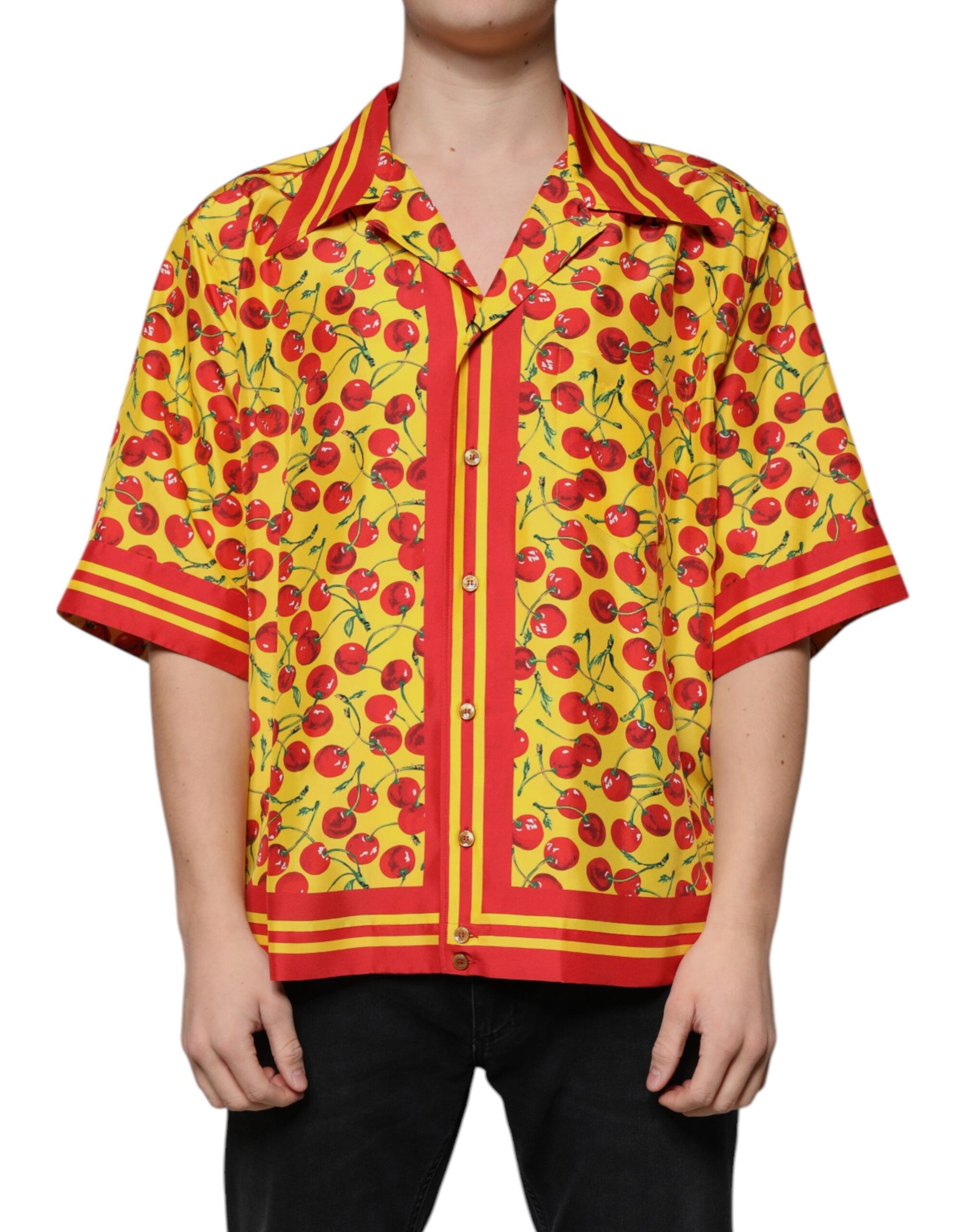 Dolce & Gabbana Yellow Cherry Button Down Silk Casual Shirt by Dolce & Gabbana