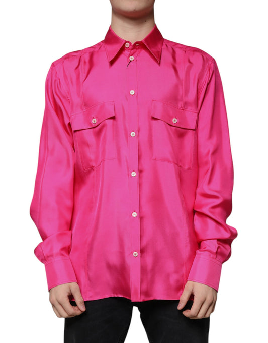 Dolce & Gabbana Pink Silk Collared Button Down Men Shirt by Dolce & Gabbana