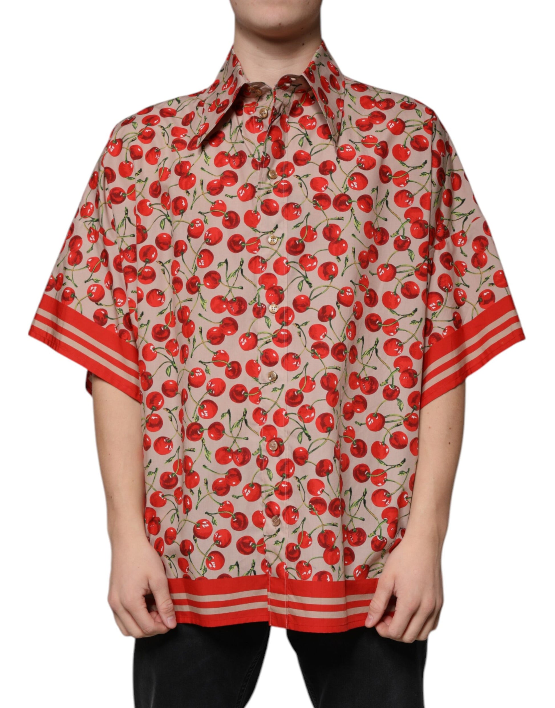 Dolce & Gabbana Beige Cherry Button Down Men Casual Shirt by Dolce & Gabbana