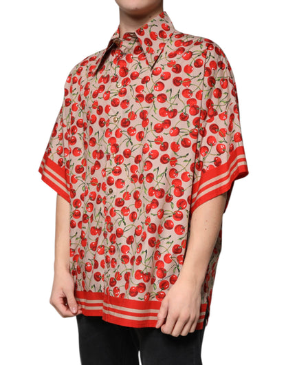 Dolce & Gabbana Beige Cherry Button Down Men Casual Shirt by Dolce & Gabbana