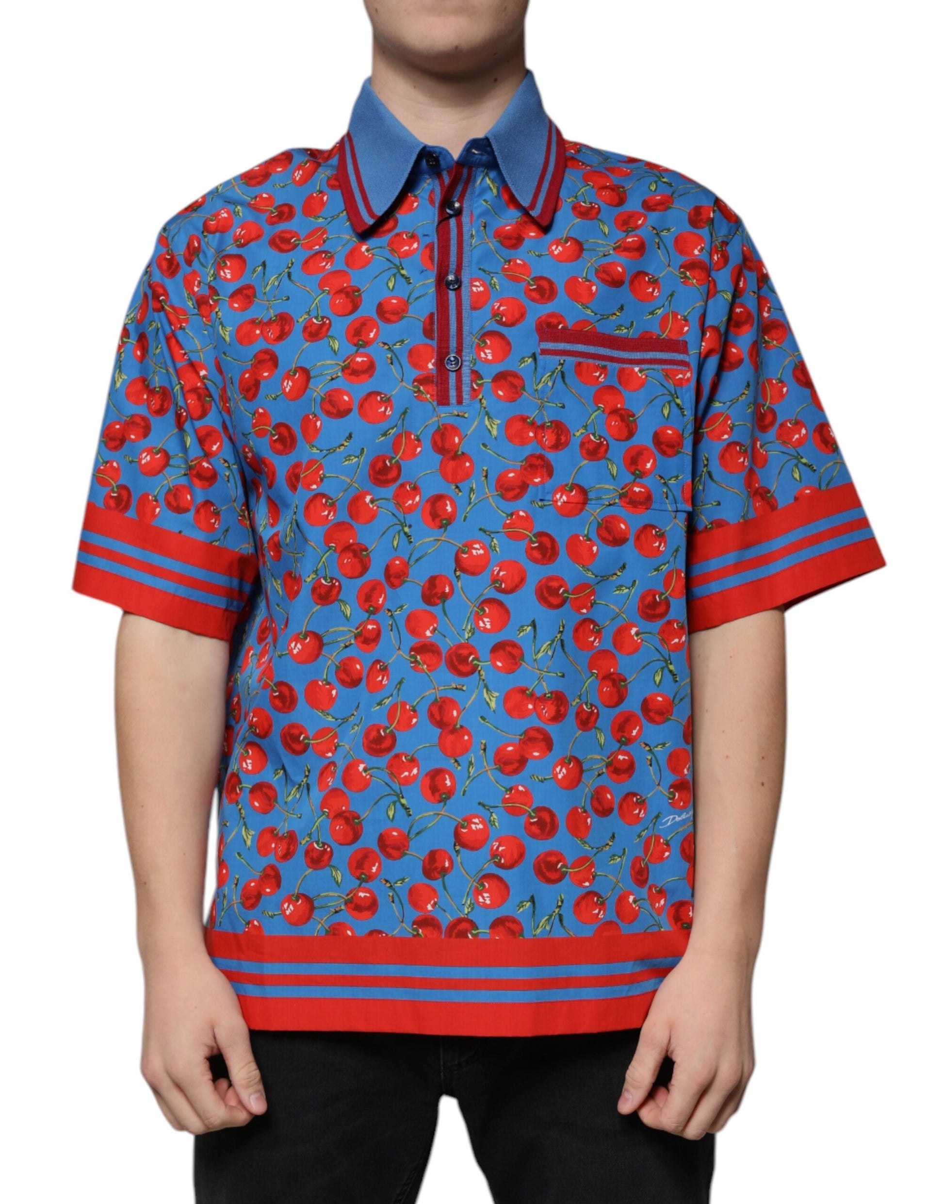 Dolce & Gabbana Blue Cherry Cotton Collared Men Polo T-shirt by Dolce & Gabbana