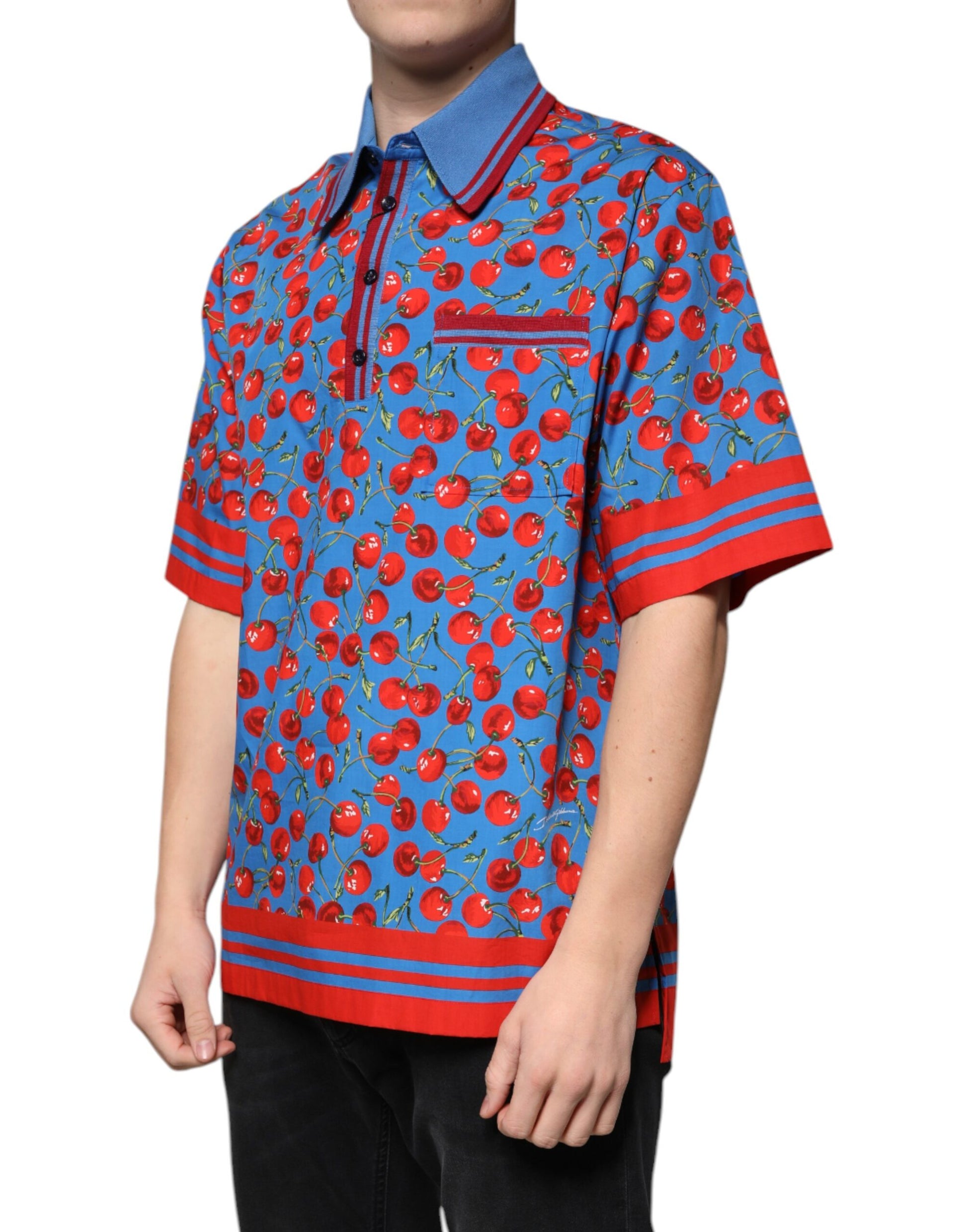 Dolce & Gabbana Blue Cherry Cotton Collared Men Polo T-shirt by Dolce & Gabbana