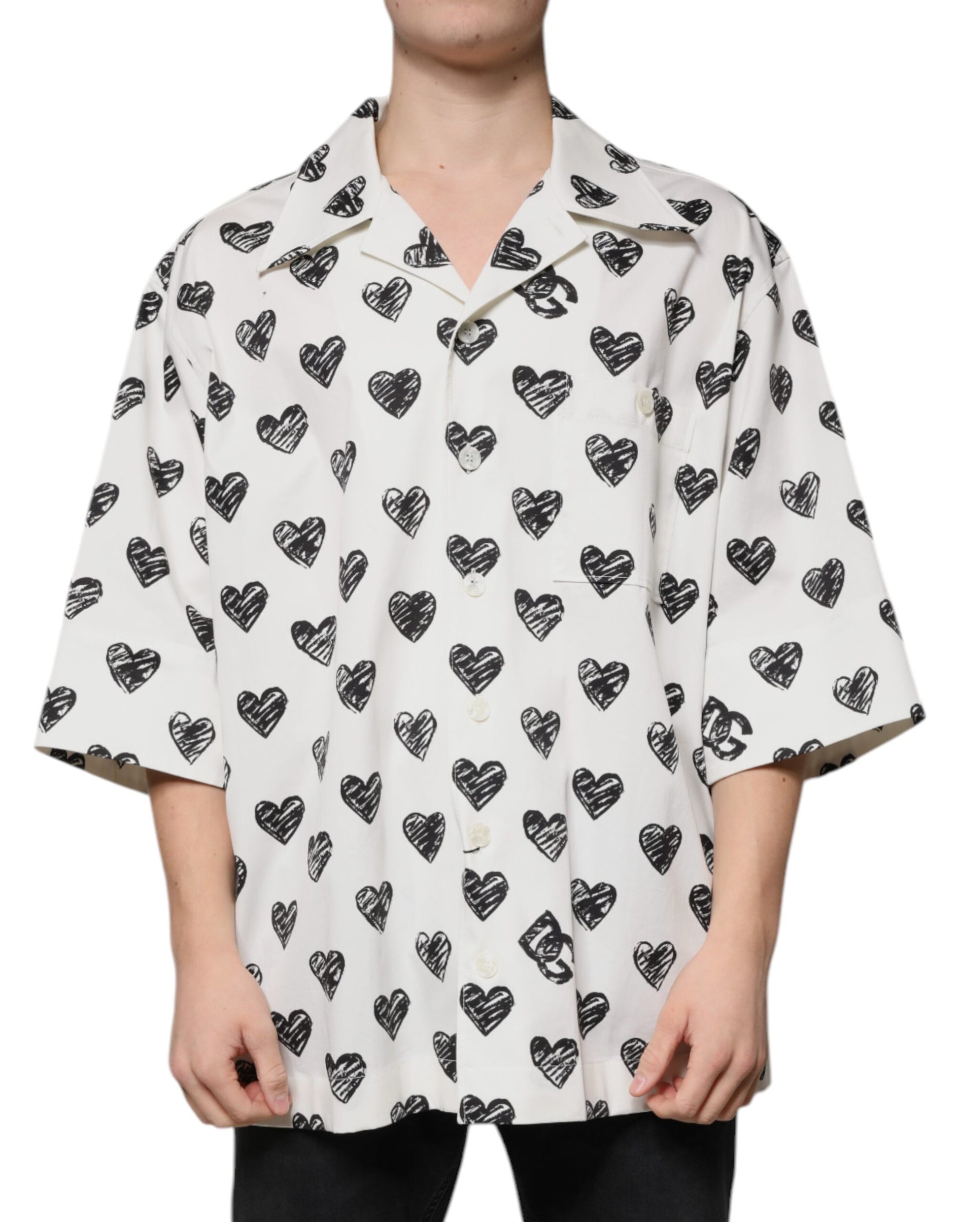 Dolce & Gabbana White Heart Print Short Sleeve Casual Shirt by Dolce & Gabbana