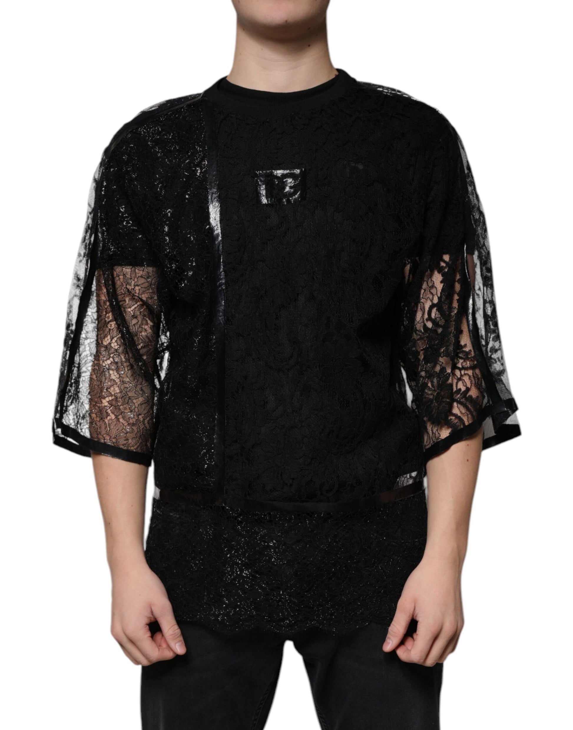 Dolce & Gabbana Black Nylon Floral Lace Crew Neck T-shirt by Dolce & Gabbana
