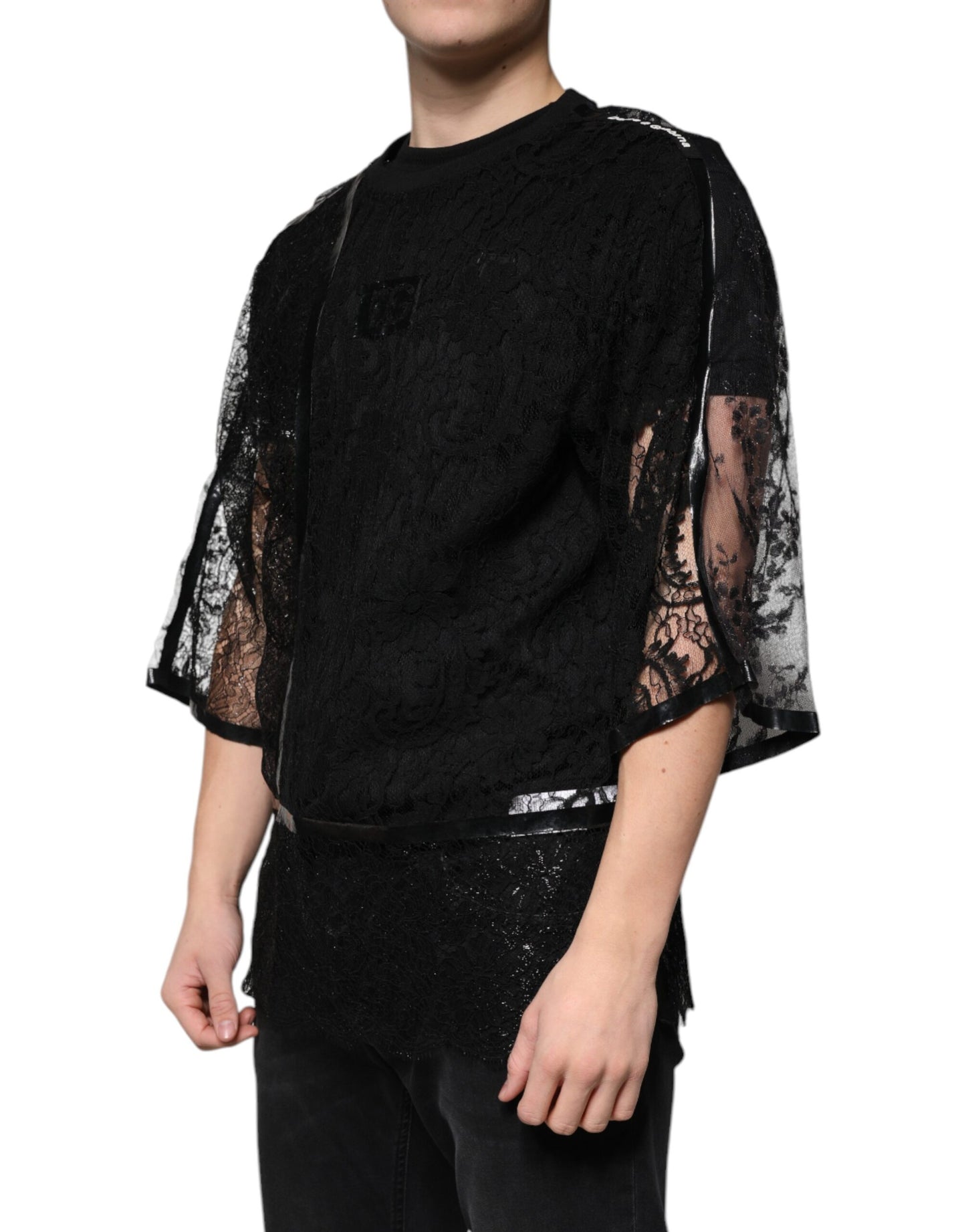 Dolce & Gabbana Black Nylon Floral Lace Crew Neck T-shirt by Dolce & Gabbana