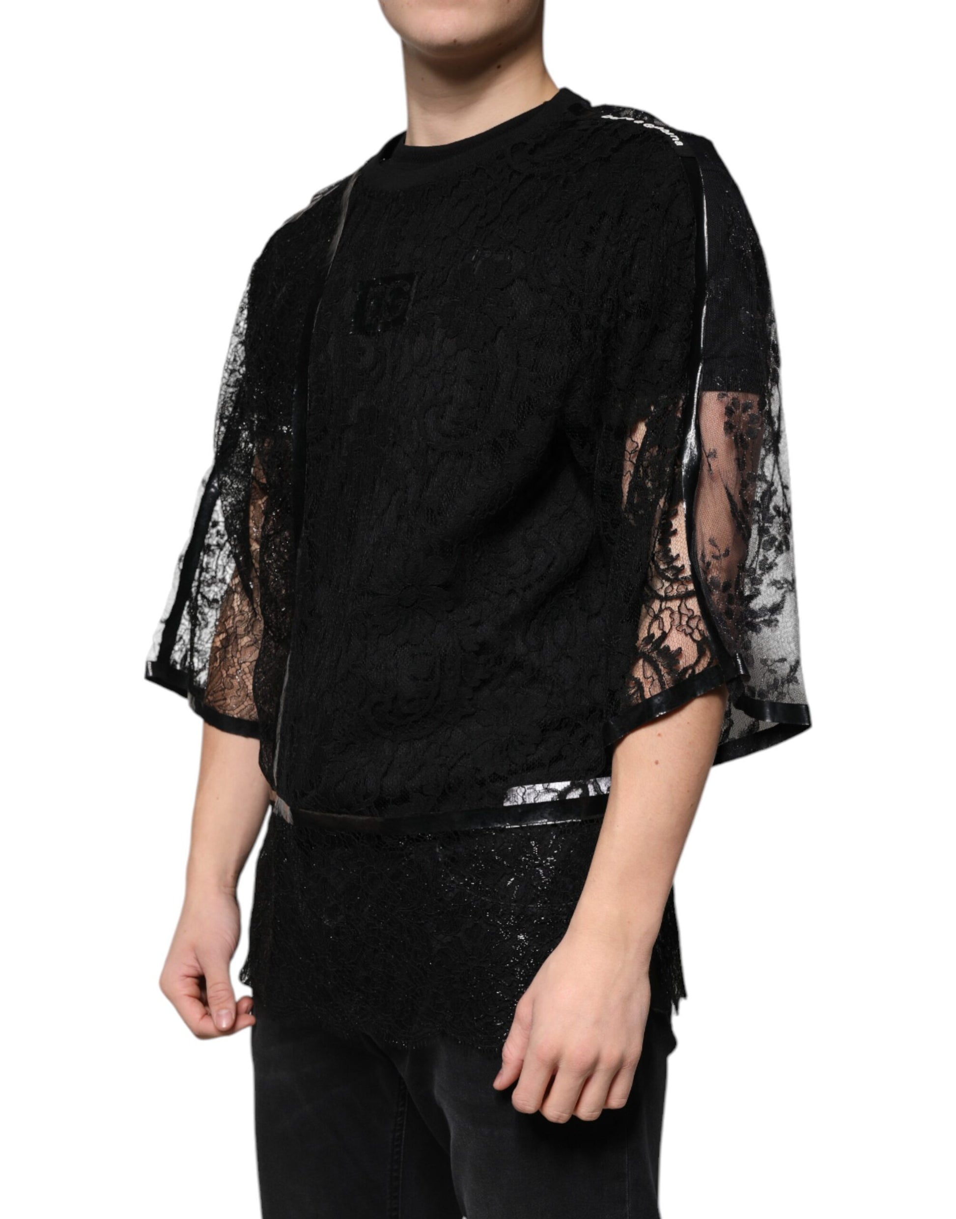Dolce & Gabbana Black Nylon Floral Lace Crew Neck T-shirt by Dolce & Gabbana