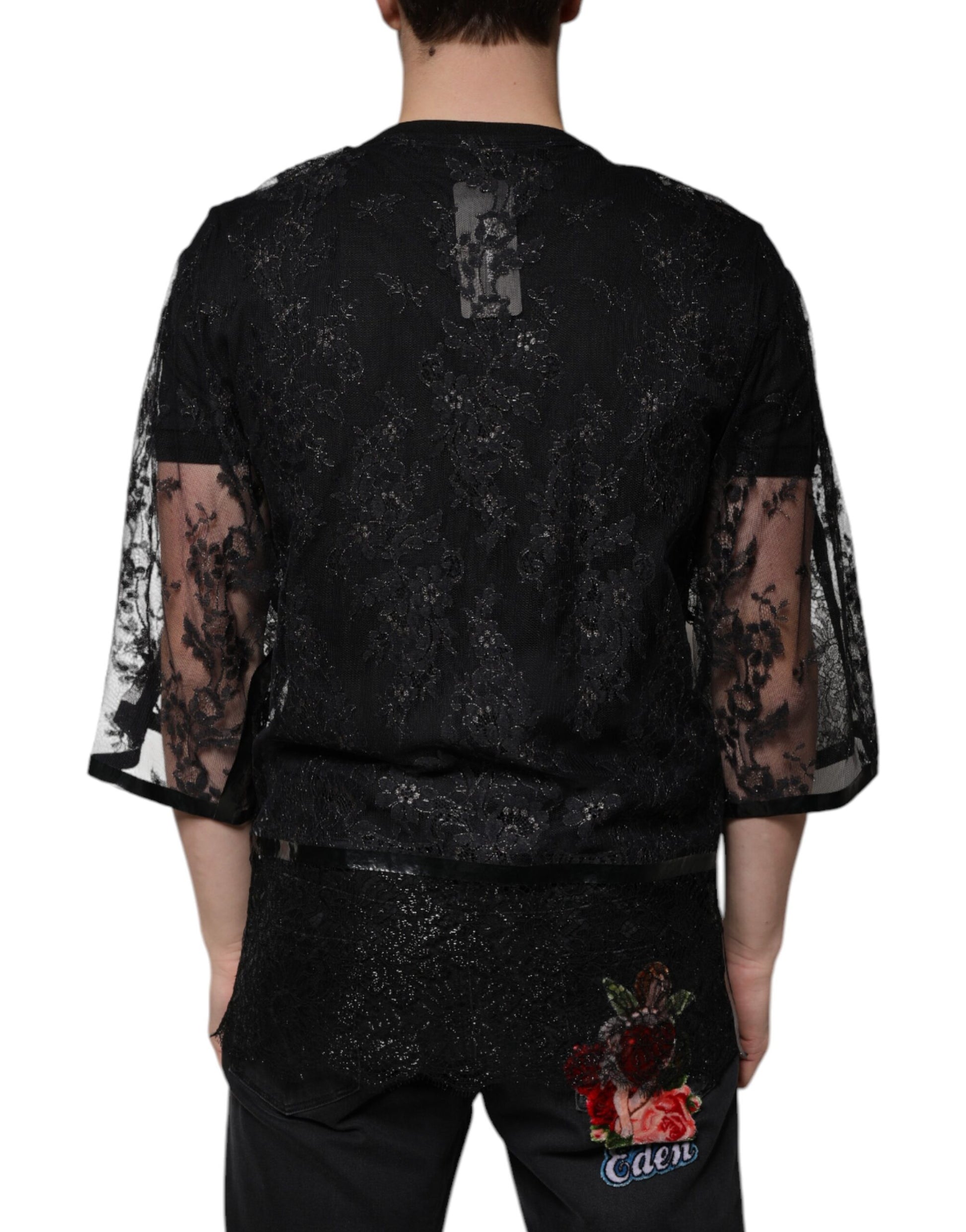 Dolce & Gabbana Black Nylon Floral Lace Crew Neck T-shirt by Dolce & Gabbana