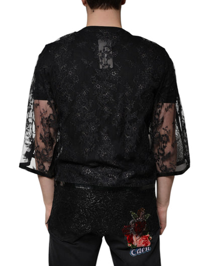 Dolce & Gabbana Black Nylon Floral Lace Crew Neck T-shirt by Dolce & Gabbana