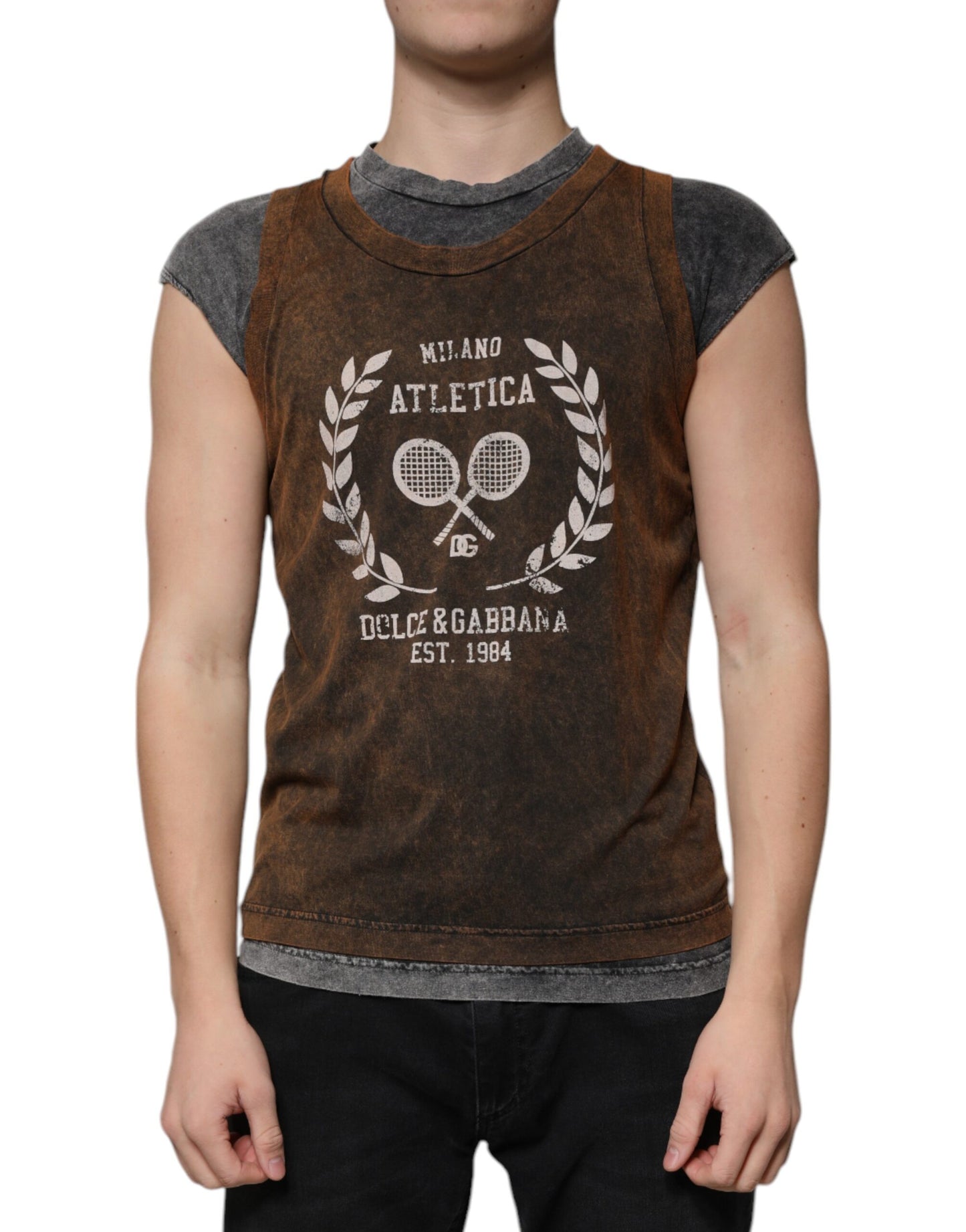 Dolce & Gabbana Brown Cotton Crew Neck Sleeveless T-shirt by Dolce & Gabbana