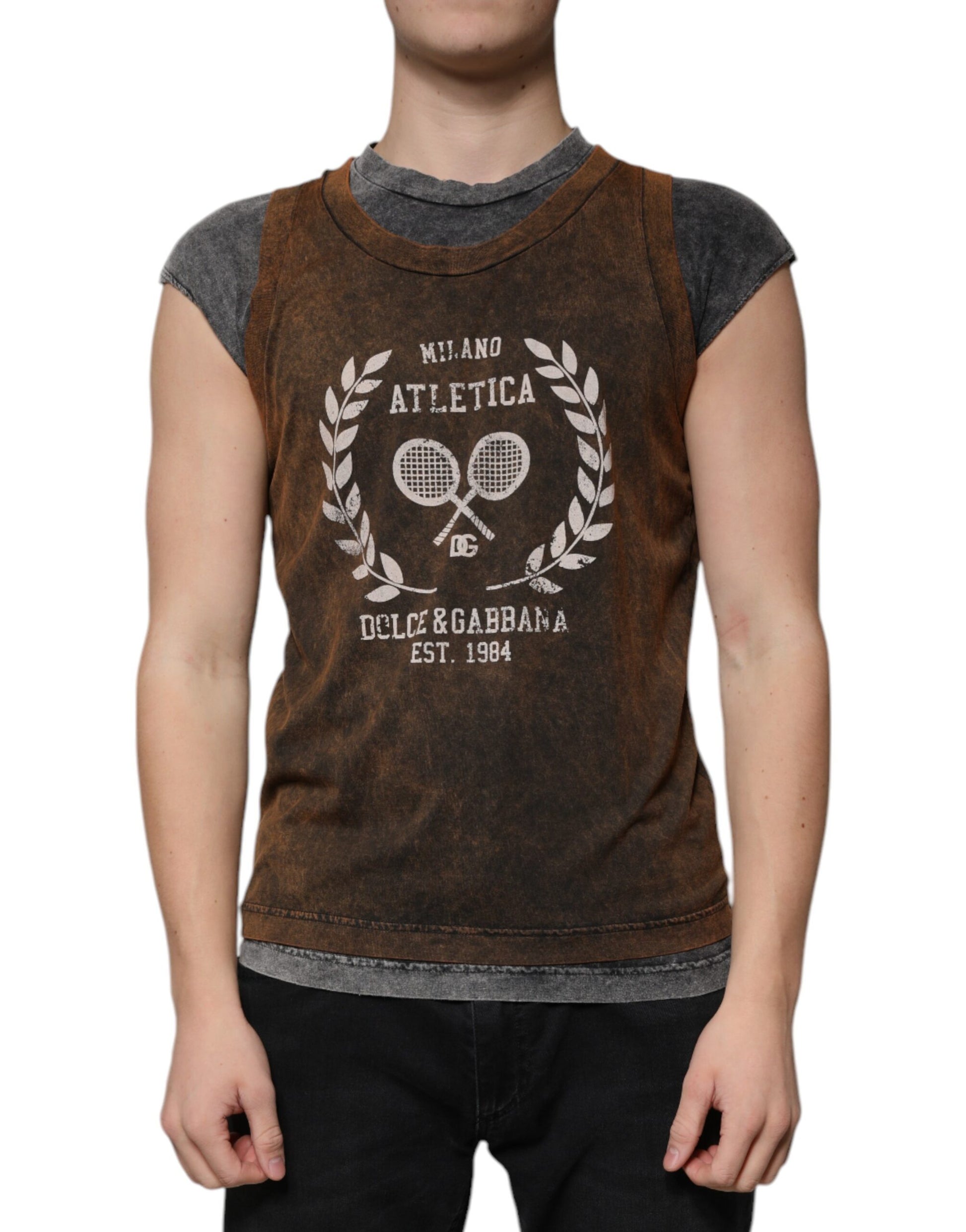 Dolce & Gabbana Brown Cotton Crew Neck Sleeveless T-shirt by Dolce & Gabbana