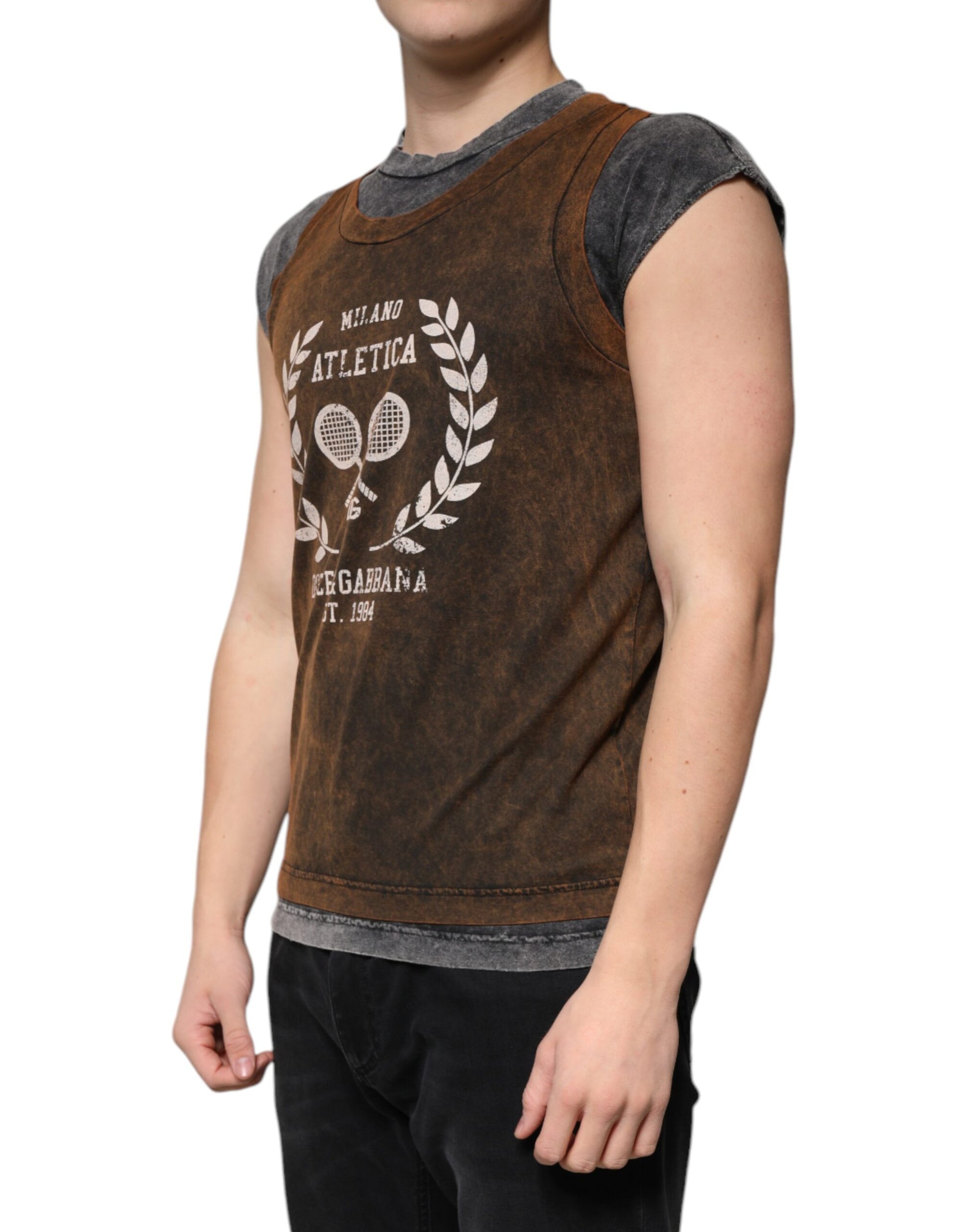Dolce & Gabbana Brown Cotton Crew Neck Sleeveless T-shirt by Dolce & Gabbana