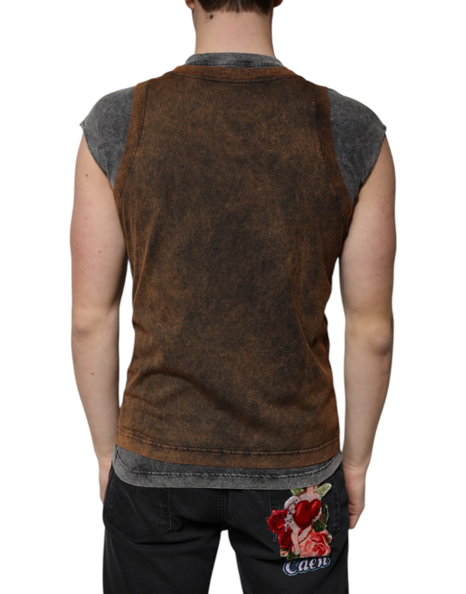 Dolce & Gabbana Brown Cotton Crew Neck Sleeveless T-shirt by Dolce & Gabbana
