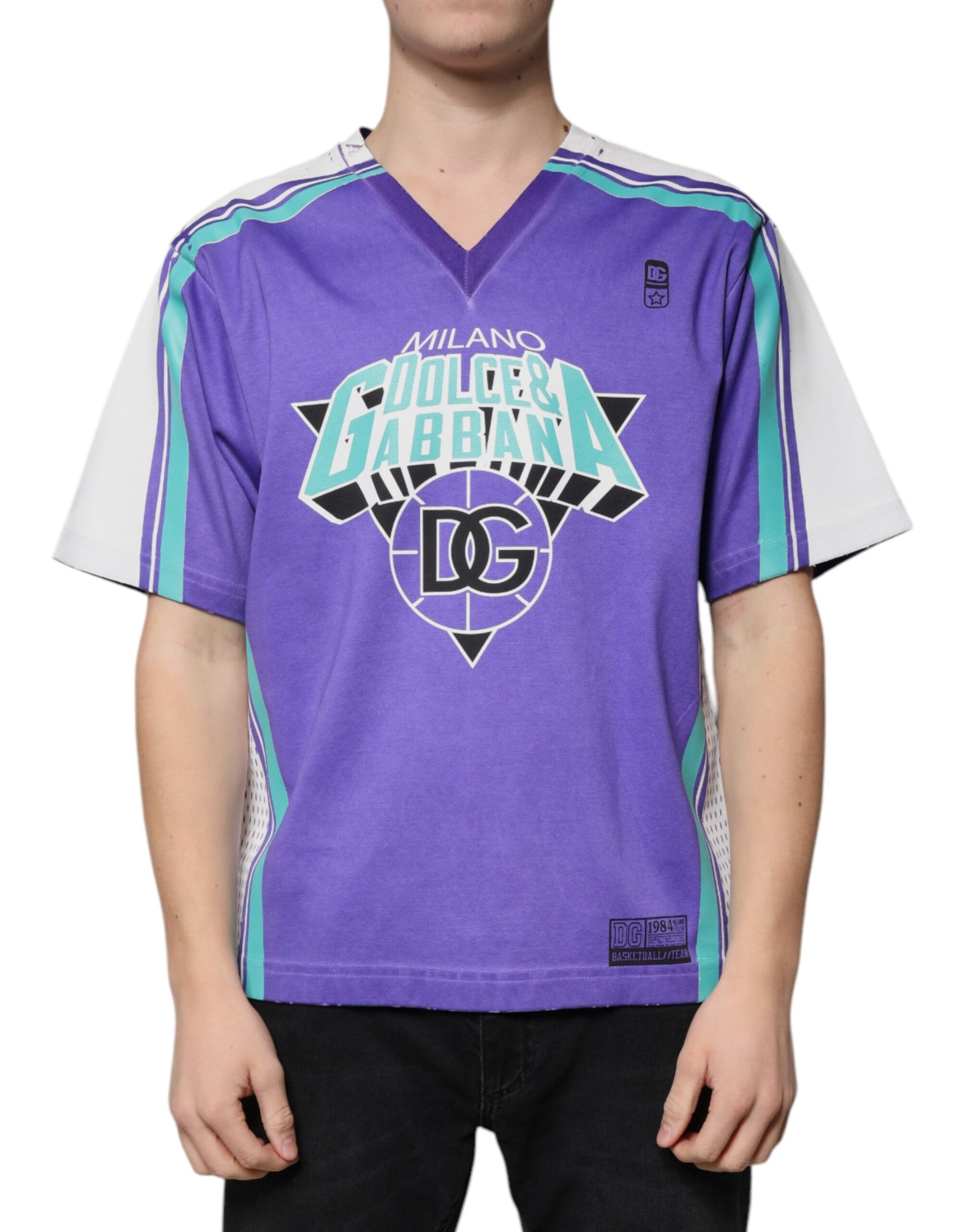 Dolce & Gabbana Purple Logo Jersey Cotton V-neck T-shirt by Dolce & Gabbana