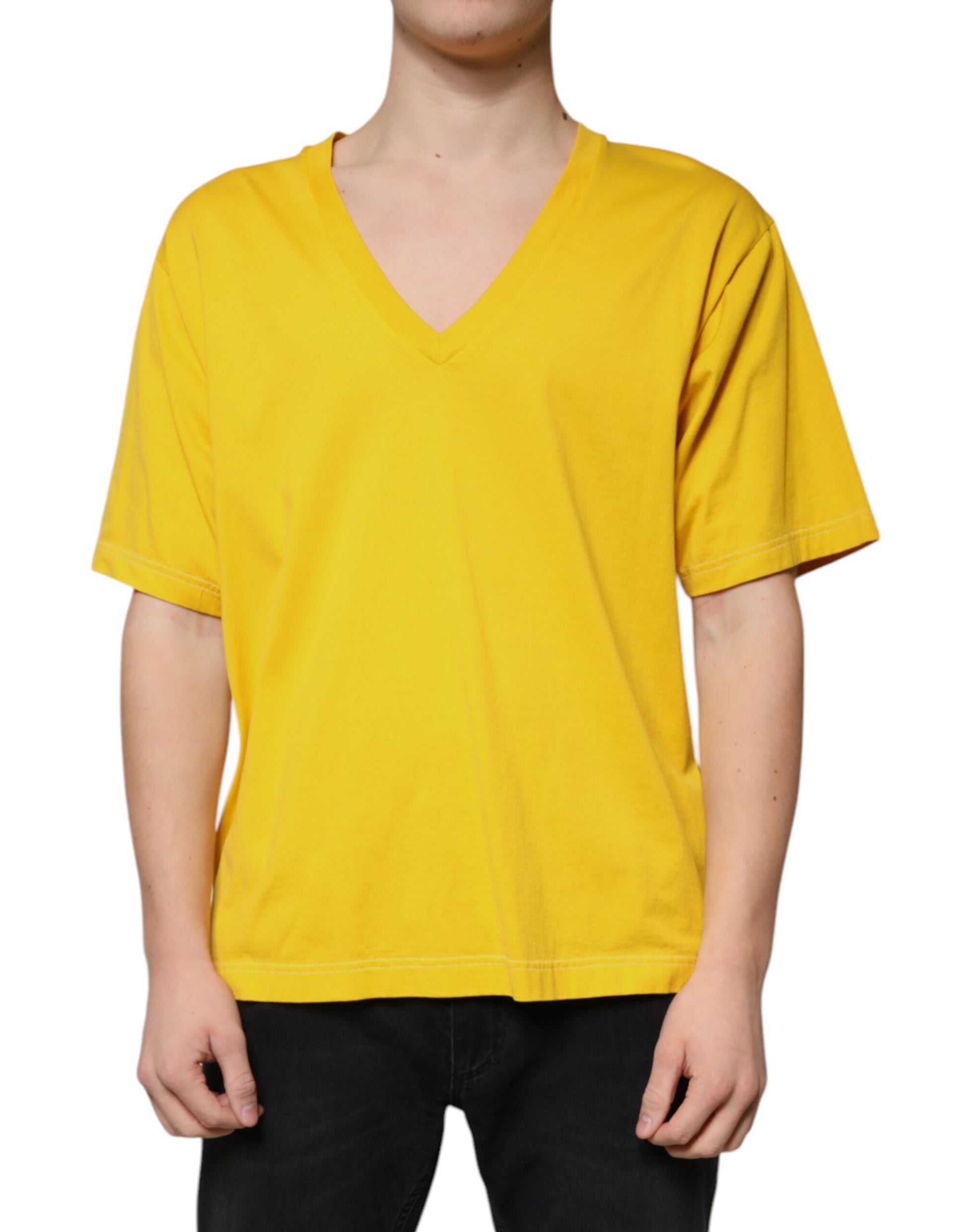 Dolce & Gabbana Yellow Cotton V-neck Short Sleeves T-shirt by Dolce & Gabbana