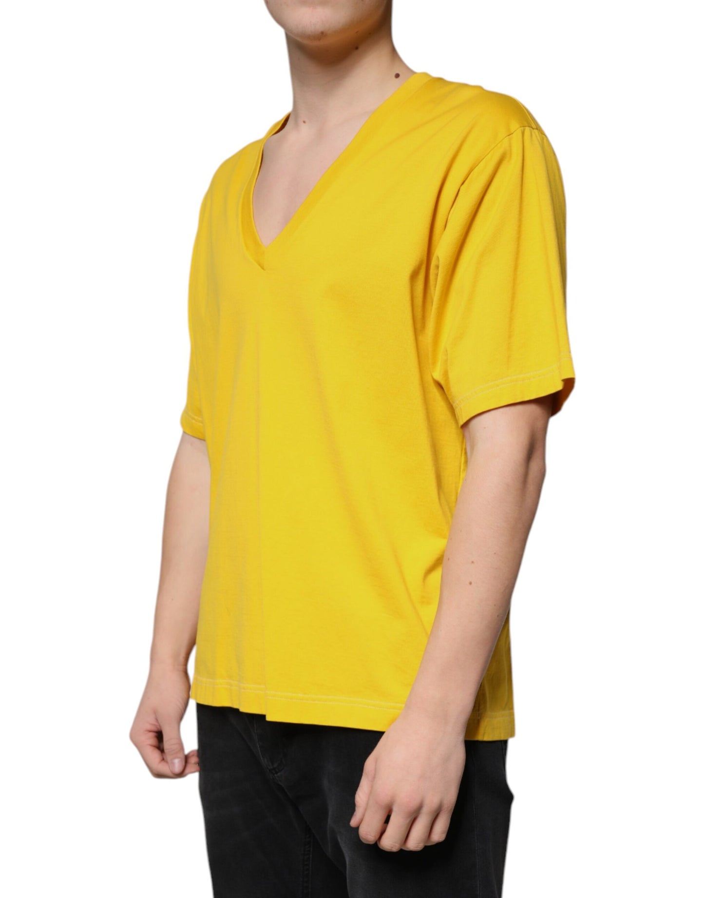 Dolce & Gabbana Yellow Cotton V-neck Short Sleeves T-shirt by Dolce & Gabbana