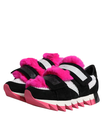 Dolce & Gabbana Black Pink Fur Embellished Sneakers Shoes by Dolce & Gabbana