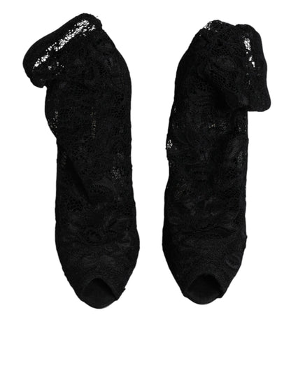 Dolce & Gabbana Black Lace Stretch Heels Mid Calf Boots Shoes by Dolce & Gabbana