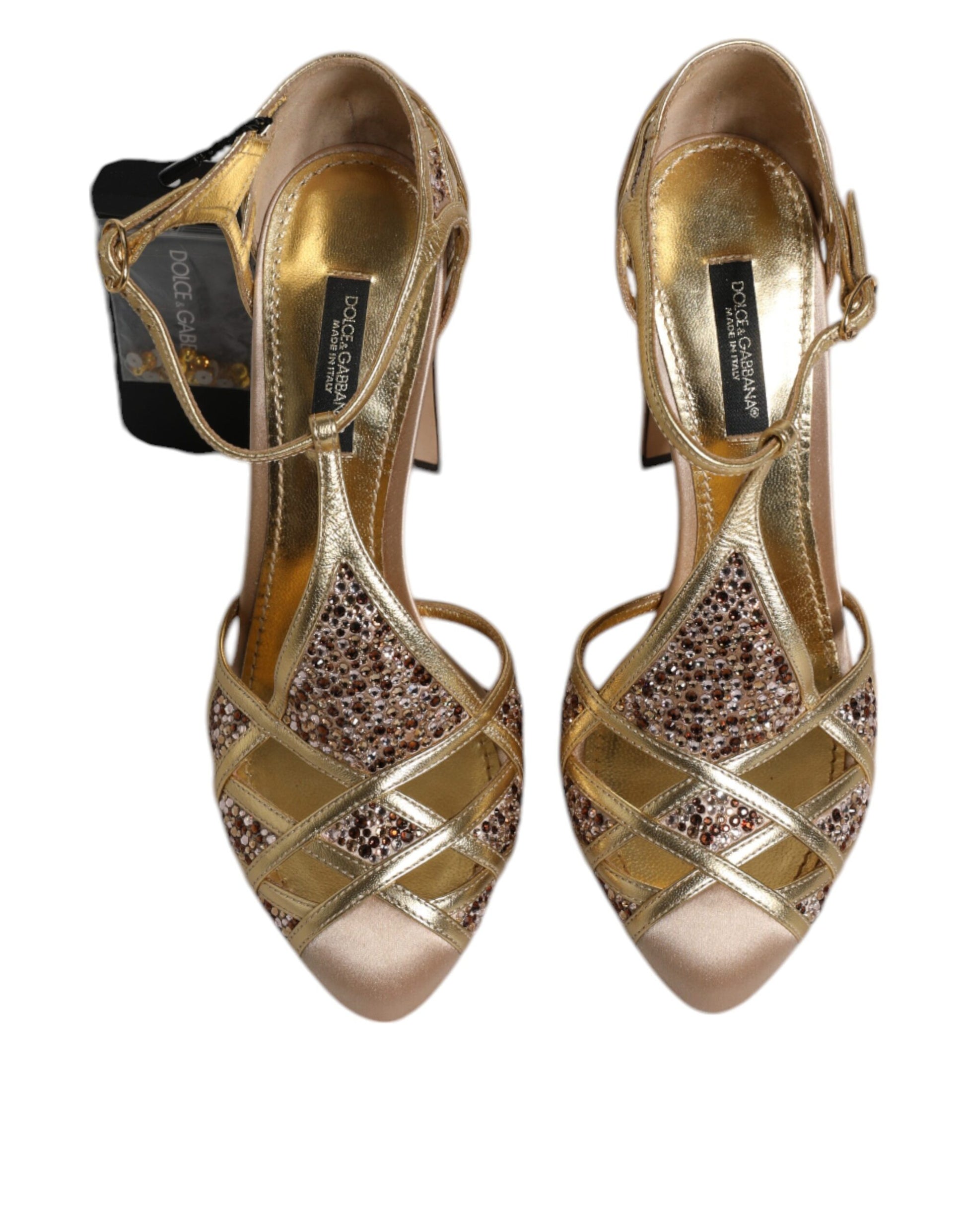 Dolce & Gabbana Beige Crystal Embellished Satin Leather Pumps Shoes by Dolce & Gabbana