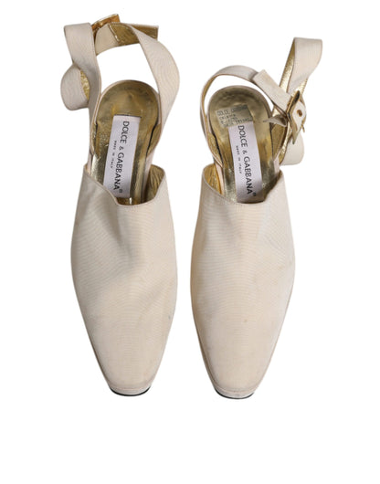 Dolce & Gabbana Off White Block Heels Slingback Sandals Shoes by Dolce & Gabbana