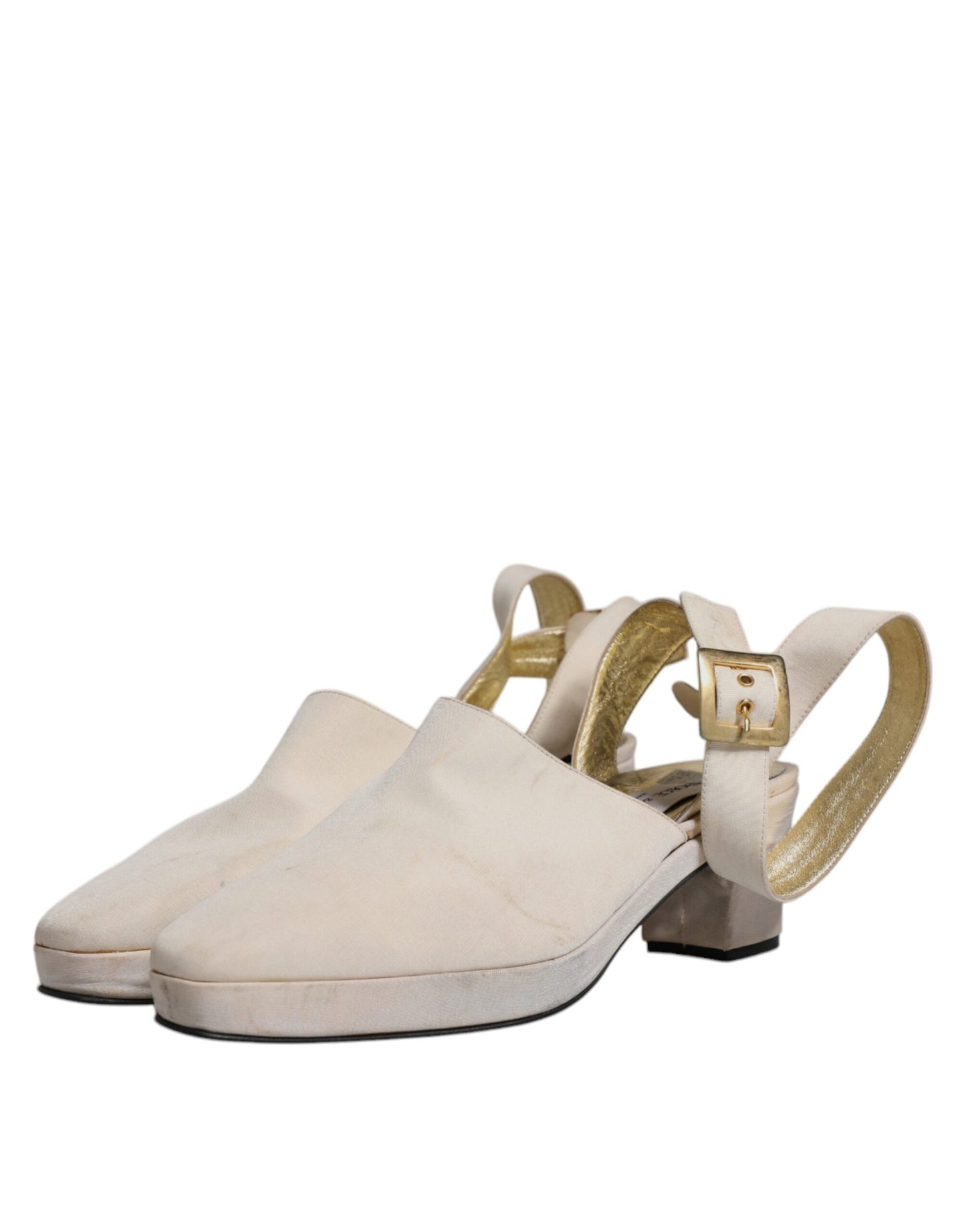 Dolce & Gabbana Off White Block Heels Slingback Sandals Shoes by Dolce & Gabbana