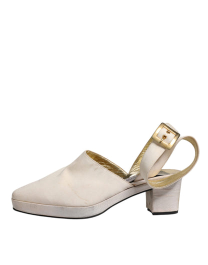 Dolce & Gabbana Off White Block Heels Slingback Sandals Shoes by Dolce & Gabbana