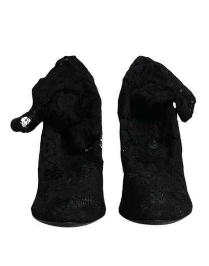 Dolce & Gabbana Black Lace Stretch Heels Mid Calf Boots Shoes by Dolce & Gabbana
