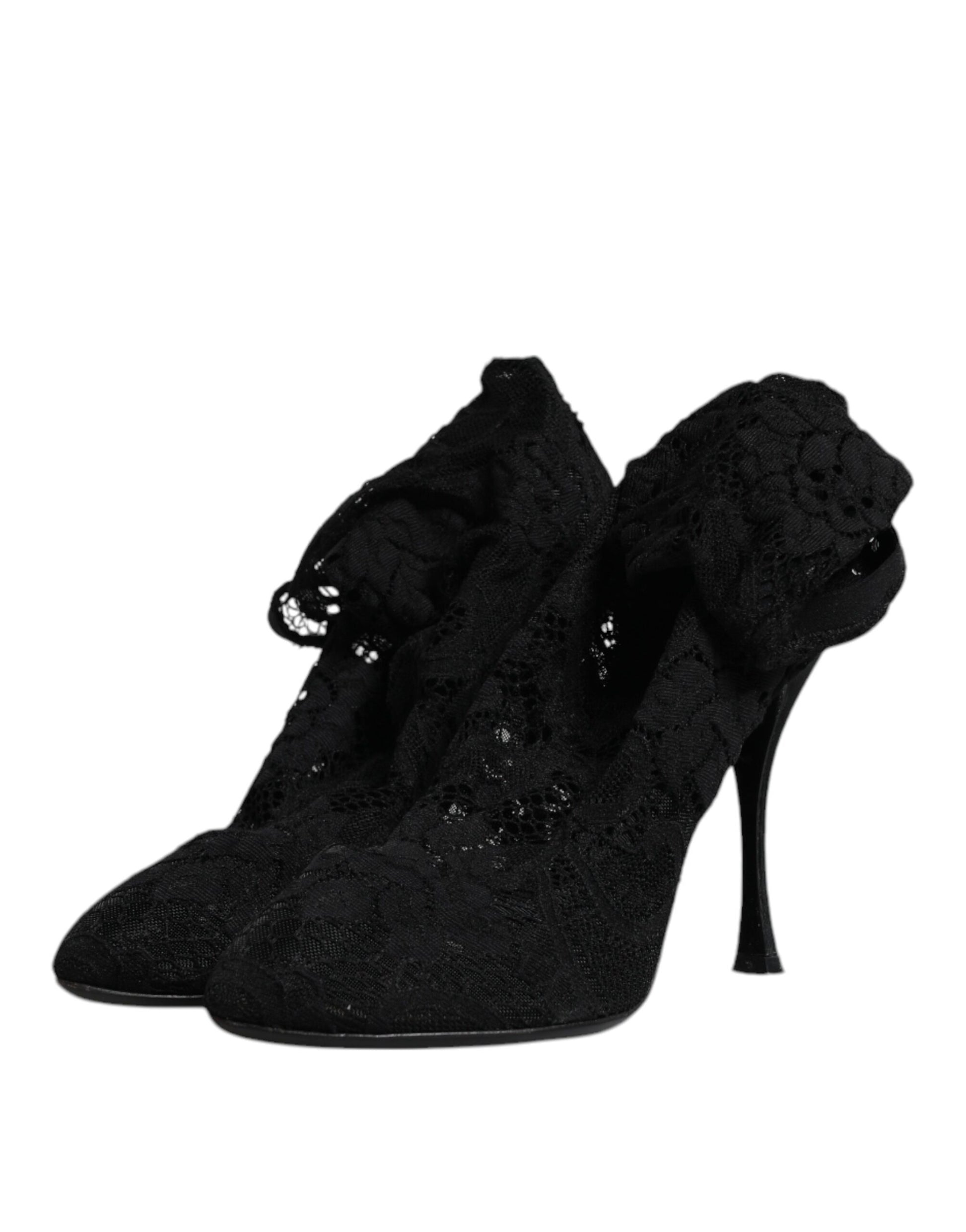 Dolce & Gabbana Black Lace Stretch Heels Mid Calf Boots Shoes by Dolce & Gabbana