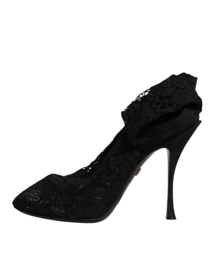 Dolce & Gabbana Black Lace Stretch Heels Mid Calf Boots Shoes by Dolce & Gabbana