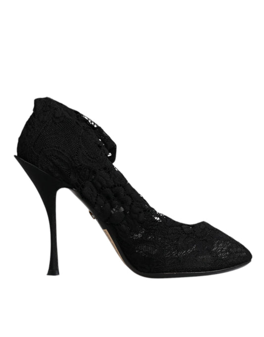 Dolce & Gabbana Black Lace Stretch Heels Mid Calf Boots Shoes by Dolce & Gabbana