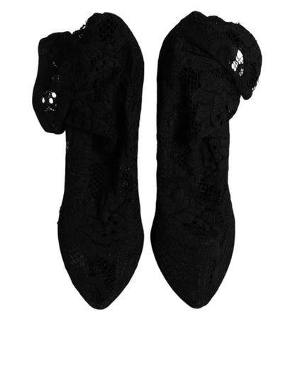 Dolce & Gabbana Black Lace Stretch Heels Mid Calf Boots Shoes by Dolce & Gabbana