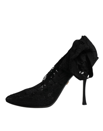 Dolce & Gabbana Black Lace Stretch Heels Mid Calf Boots Shoes by Dolce & Gabbana