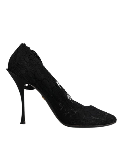 Dolce & Gabbana Black Lace Stretch Heels Mid Calf Boots Shoes by Dolce & Gabbana