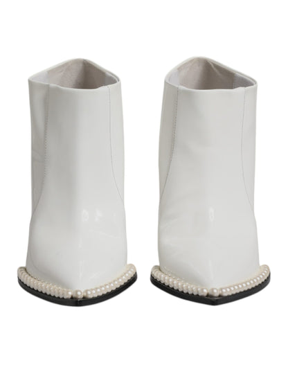 Dolce & Gabbana White Faux Pearl Leather Pointed Toe Ankle Boot Shoes by Dolce & Gabbana