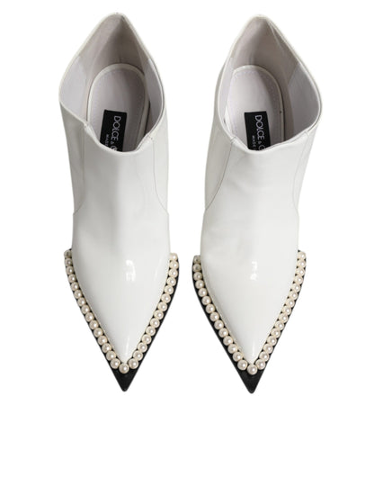 Dolce & Gabbana White Faux Pearl Leather Pointed Toe Ankle Boot Shoes by Dolce & Gabbana