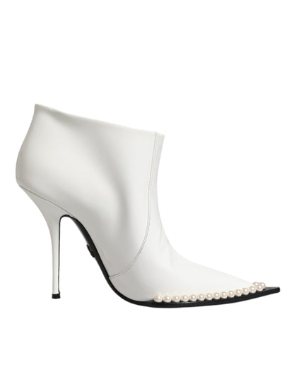 Dolce & Gabbana White Faux Pearl Leather Pointed Toe Ankle Boot Shoes by Dolce & Gabbana